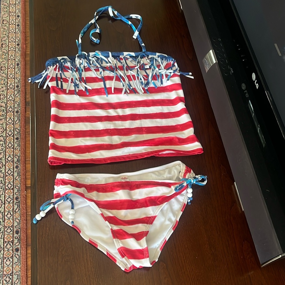 Girl’s Justice American Flag Red, White, & Blue Tankini Swimsuit. Size 14.